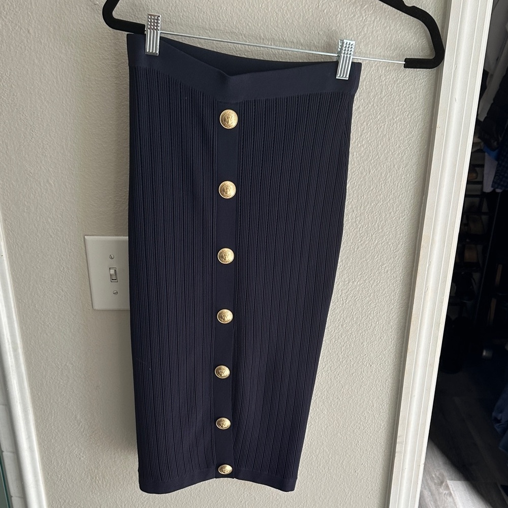 L'AGENCE Navy Midi Skirt with Gold Buttons